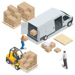 Warehouse. Loading and unloading from warehouse. Delivery and logistic, storage and truck, transportation industry. Vector isometric illustration. Delivery Diagram